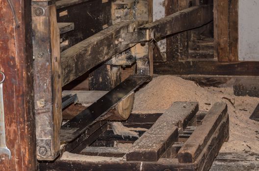 An old sawmill in operation. Manufacture of wooden boards.