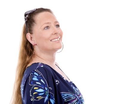 blond woman wearing summer outfit on white background