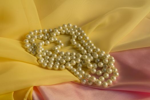 White Pearl Necklace with a Yellow and pink soft silk