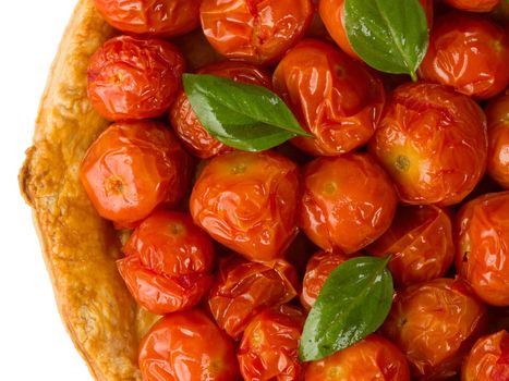 close up of rustic cherry tomato tarte tatin