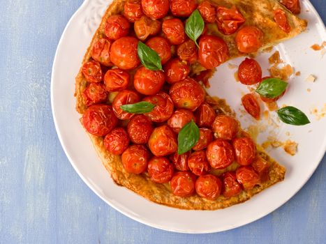 close up of rustic cherry tomato tarte tatin