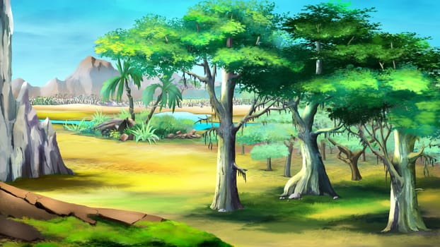 Digital painting of the acacia trees in a African summer day with mountains on background.