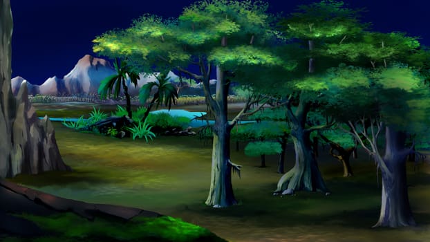 Digital painting of the acacia trees in a African summer night with mountains on background.