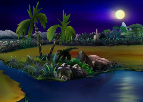 Digital painting of the African Bush in a summer night with stone rock. Panorama.