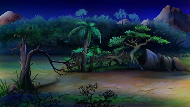 Digital painting of the African bush in a summer night.