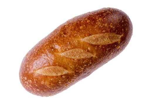 Rounded delicious crusty loaf of freshly baked sourdough bread isolated on white in a diagonal overhead view