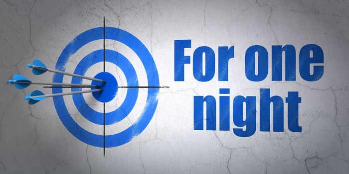 Success tourism concept: arrows hitting the center of target, Blue For One Night on wall background, 3D rendering