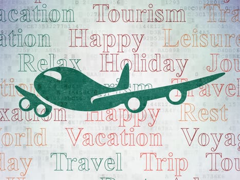 Travel concept: Painted green Airplane icon on Digital Data Paper background with  Tag Cloud
