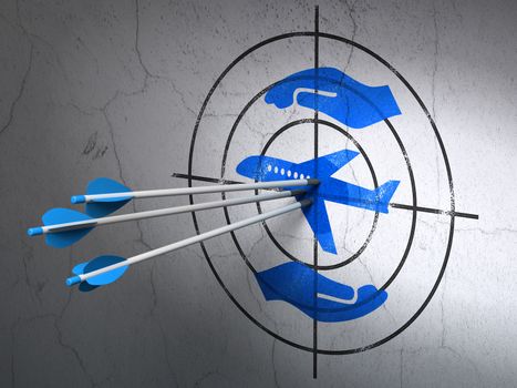 Success Insurance concept: arrows hitting the center of Blue Airplane And Palm target on wall background, 3D rendering