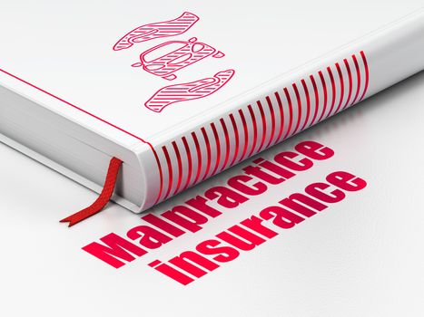 Insurance concept: closed book with Red Car And Palm icon and text Malpractice Insurance on floor, white background, 3D rendering