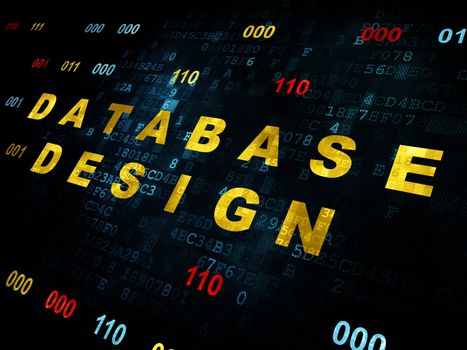 Database concept: Pixelated yellow text Database Design on Digital wall background with Binary Code