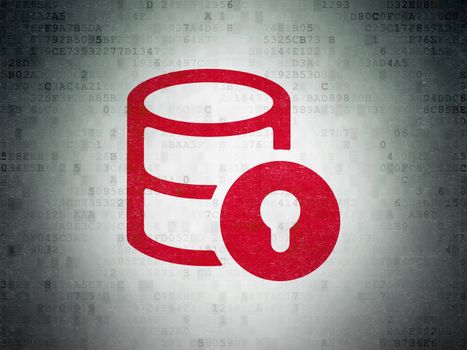 Programming concept: Painted red Database With Lock icon on Digital Data Paper background