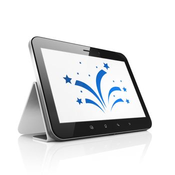 Entertainment, concept: Tablet Computer with  blue Fireworks icon on display,  Tag Cloud background, 3D rendering
