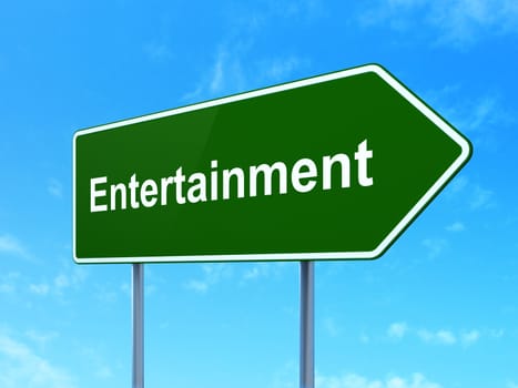 Entertainment, concept: Entertainment on green road highway sign, clear blue sky background, 3D rendering