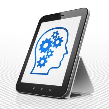 Learning concept: Tablet Computer with blue Head With Gears icon on display, 3D rendering
