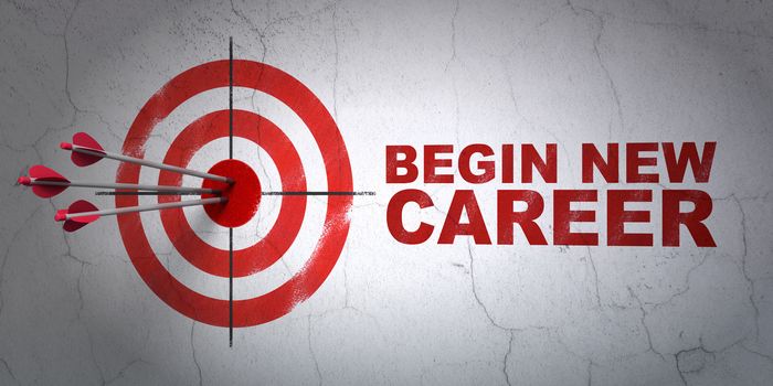 Success business concept: arrows hitting the center of target, Red Begin New Career on wall background, 3D rendering