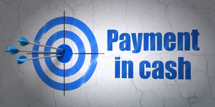 Success banking concept: arrows hitting the center of target, Blue Payment In Cash on wall background, 3D rendering