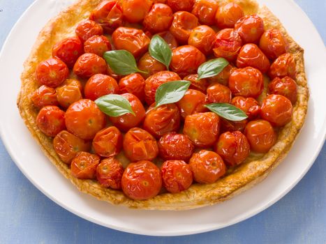 close up of rustic cherry tomato tarte tatin