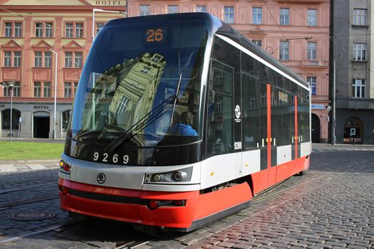 Prague, Czech Republic - April 24, 2016: Modern Articulated City Tramway Skoda 15T (Skoda ForCity Alfa) at the Prague Street