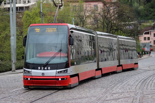 Prague, Czech Republic - April 23, 2016: Modern Articulated City Tramway Skoda 15T (Skoda ForCity Alfa) at the Prague Street
