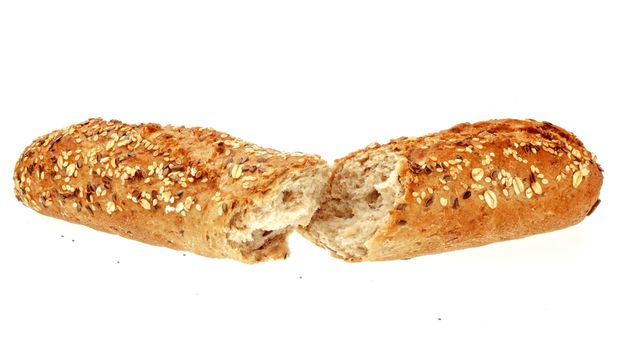 Fresh broken Bun, over the white background.







Fresh broken Baguette, over the white background.