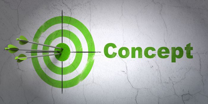 Success marketing concept: arrows hitting the center of target, Green Concept on wall background, 3D rendering