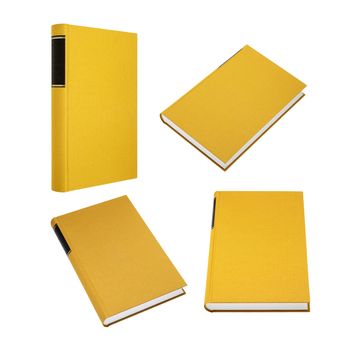 Yellow book in four different angles isolated on white, fabric cover