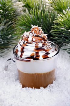 Coffee in whipped cream with chocolate topping Irish cream