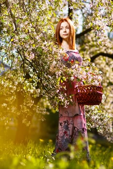 Beautiful redhead girl walking under the rays of the sunset in summer spring blooming forest