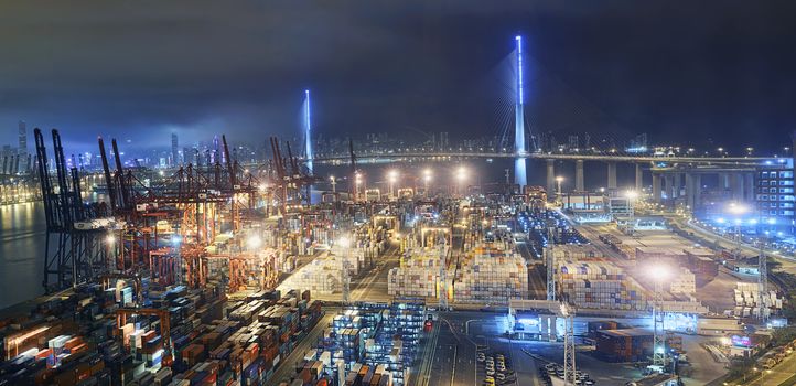 Container port in Hong Kong at night 