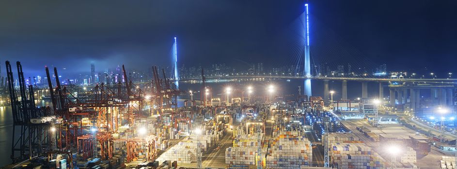 Container port in Hong Kong at night 