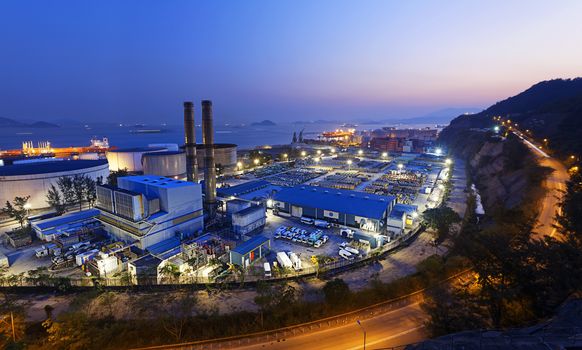 petrochemical industrial plant at night , Coal power station at Hong Kong