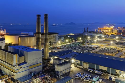 petrochemical industrial plant at night , Coal power station at Hong Kong