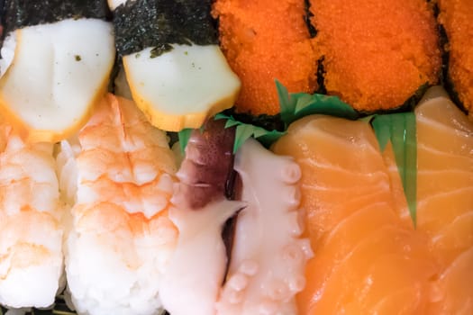The close up of Japanese delicious sushi in lunch box set.
