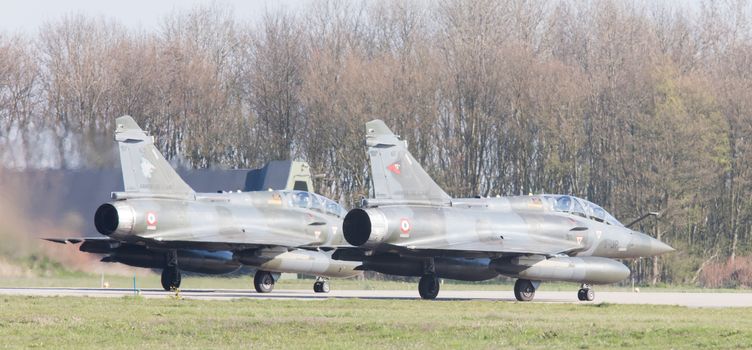 LEEUWARDEN, NETHERLANDS - APRIL 11, 2016: French Air Force Dassault Mirage 2000N during the exercise Frisian Flag. The exercise is considered one of the most important NATO training events this year.