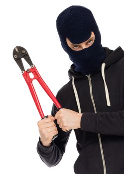 Robber with red bolt cutters, isolated on white