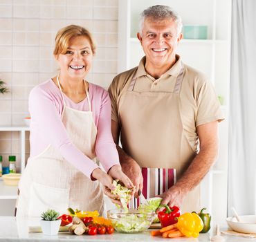 Happy Senior Couple preparing food in the kitchen.