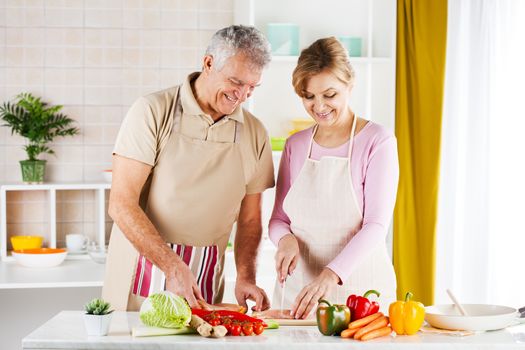 Happy Senior Couple cutting meat in the kitchen