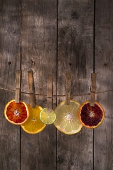 Presentation of a series of slices of citrus fruit to highlight the various colors