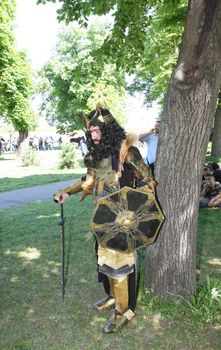 Participant of Belgrade Knight Fest held on 23 April in Belgrade,Serbia,posing in medieval armor