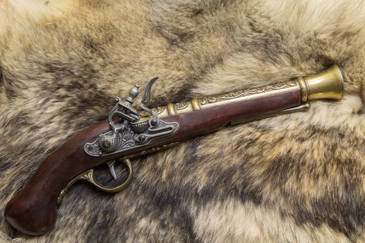 antique decorative gun on natural skin a wild Wolf