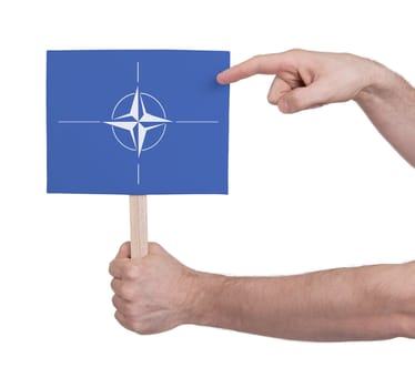 Hand holding small card, isolated on white - Flag of NATO