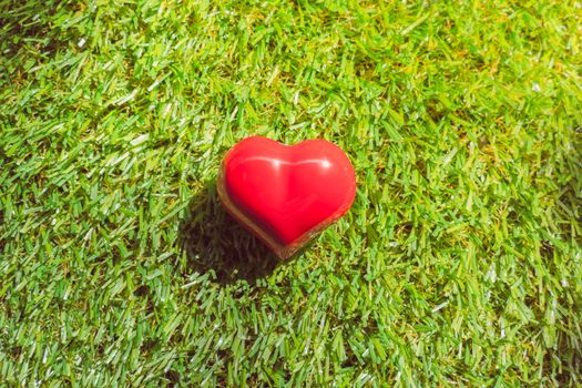 closeup of a red heart on the grass, art background