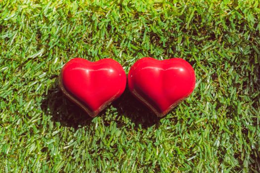 closeup of a red heart on the grass, art background