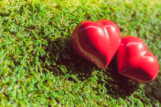 closeup of a red heart on the grass, art background