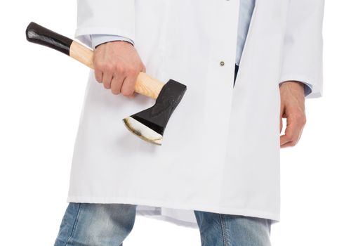 Evil medic holding a small axe, isolated on white