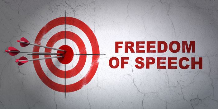 Success politics concept: arrows hitting the center of target, Red Freedom Of Speech on wall background, 3D rendering