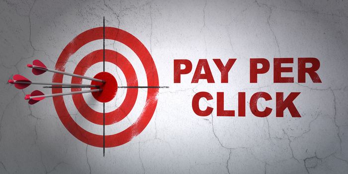 Success advertising concept: arrows hitting the center of target, Red Pay Per Click on wall background, 3D rendering