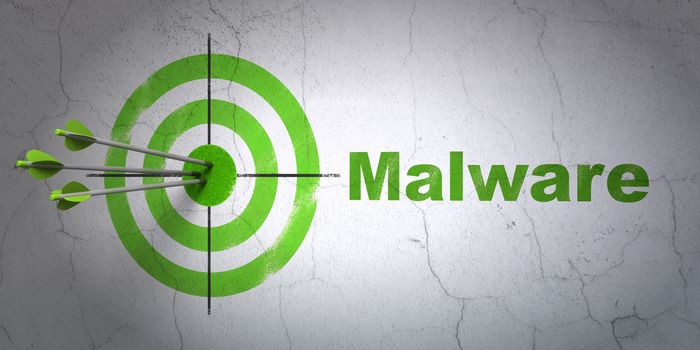 Success protection concept: arrows hitting the center of target, Green Malware on wall background, 3D rendering