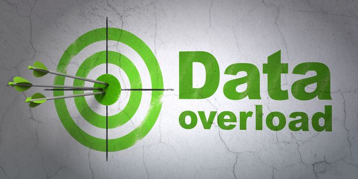 Success Data concept: arrows hitting the center of target, Green Data Overload on wall background, 3D rendering